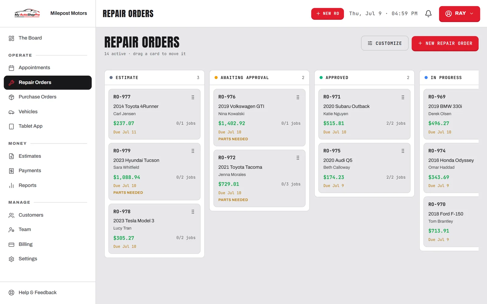 The live repair-order board in the MyAutoShopPro dashboard, with cards moving from estimate to approval to in progress.