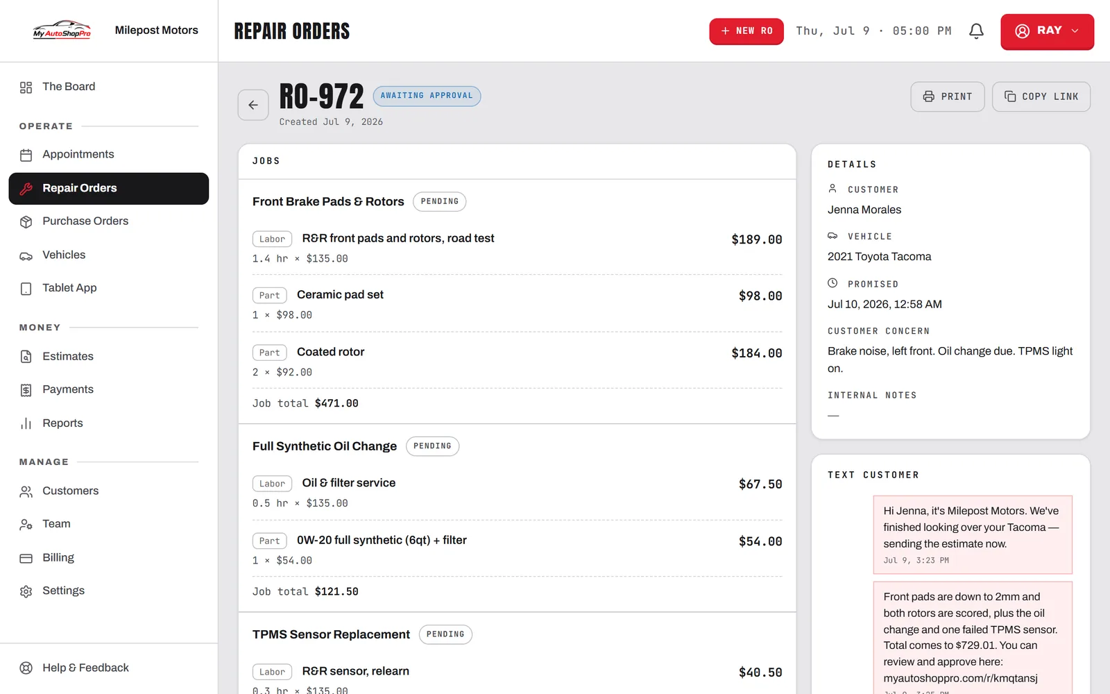 A repair order showing the estimate next to a two-way text thread, where the customer approves the brakes and oil change by SMS.