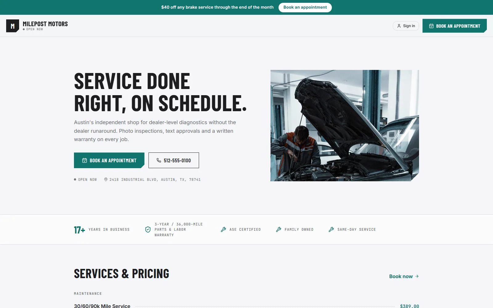 The Apex storefront template: a promo banner, split hero photo and trust strip.